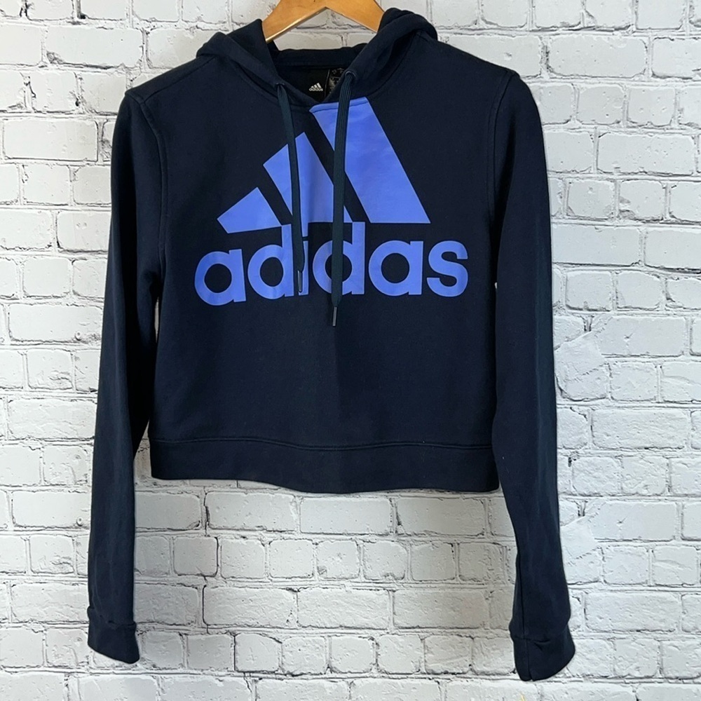 ADIDAS Boxy Cropped Hoodie Navy Blue Logo Sweatshirt Size M